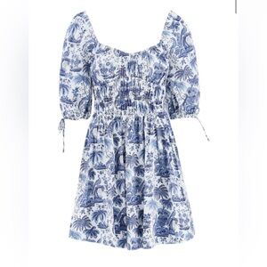 Staud Faye Cotton Mini Dress in blue and white toile